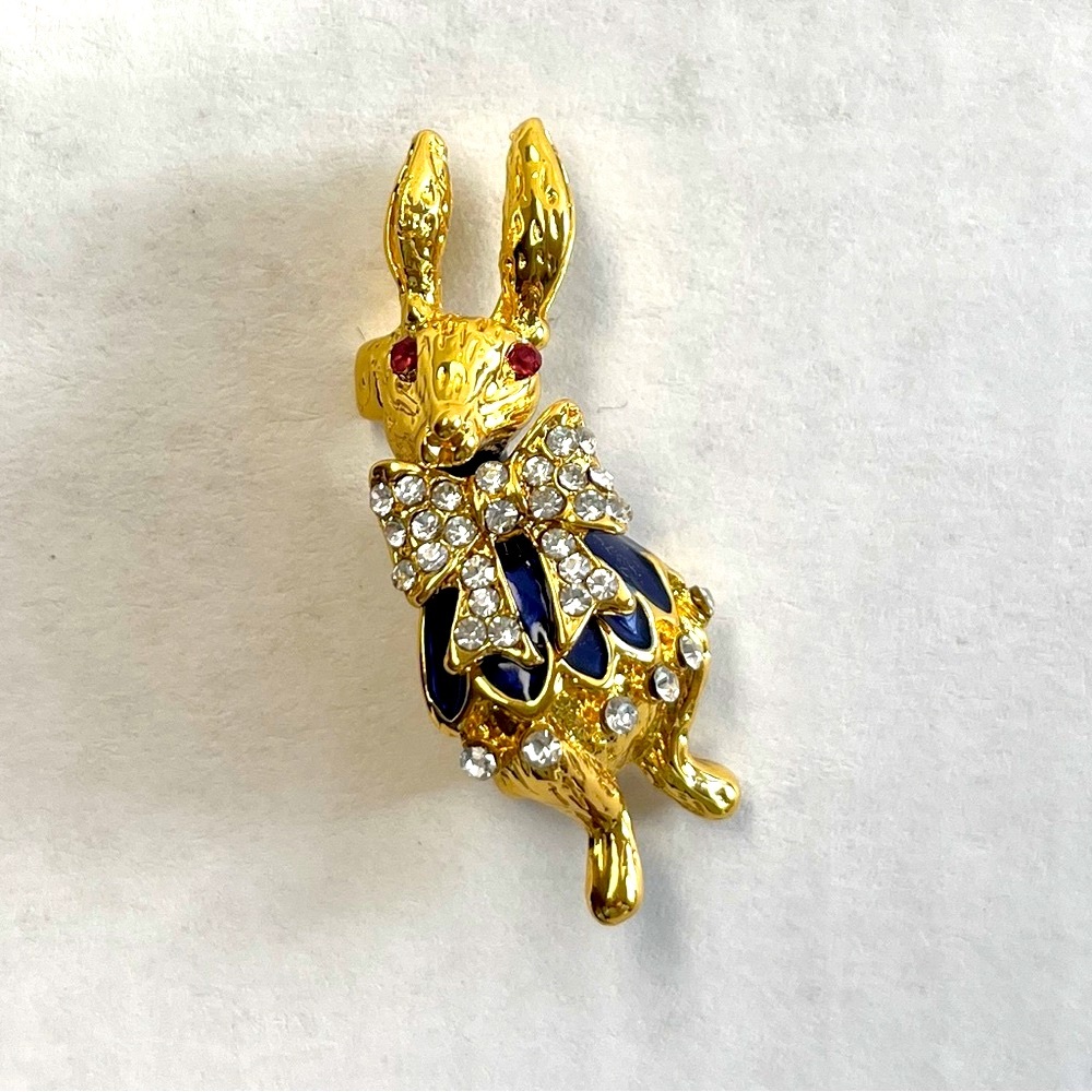 Rabbit Brooch, gold & blue, NIP, 1.75x.75”, enamel paint, rhinestones, nice gift